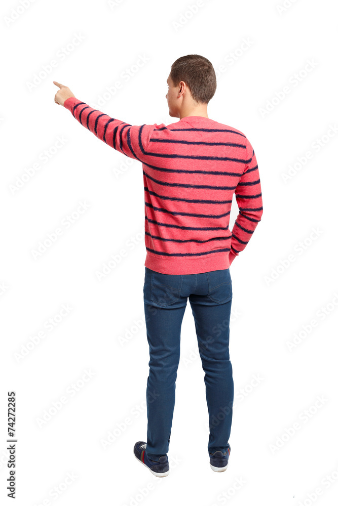 Back view of pointing young men in shirt and jeans Back view of pointing young men in shirt and jeans