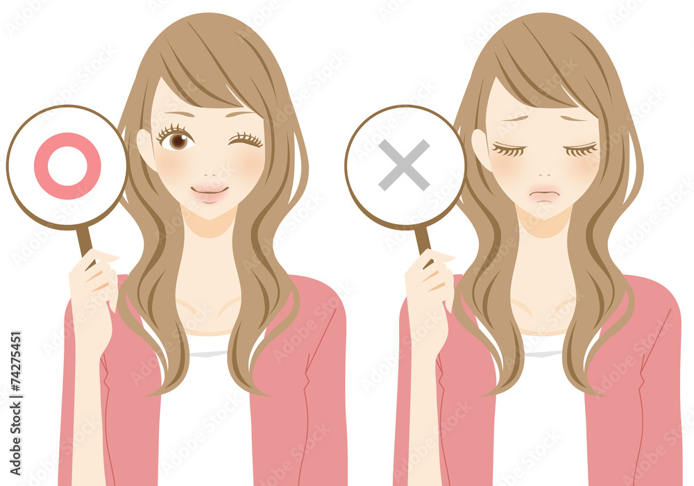 正解と不正解を表示する女性 ピンク