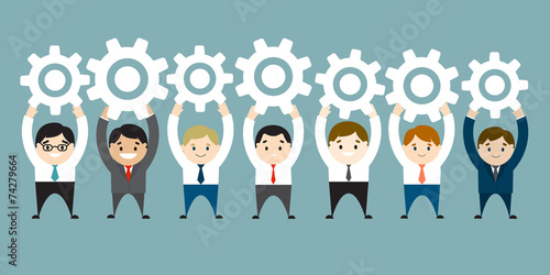 Businessmen holding up white gears. Connection, communication co