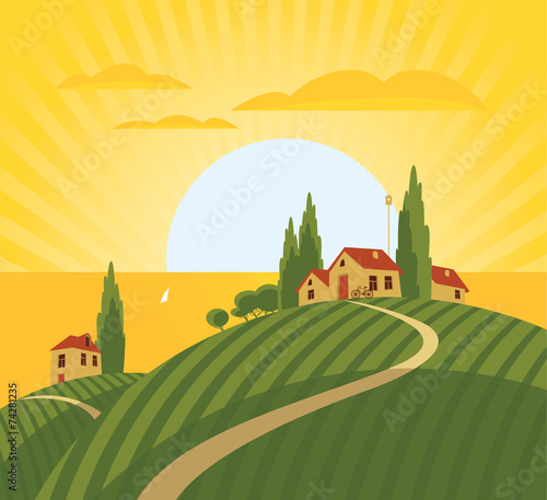 landscape with vineyard and countryside and sea