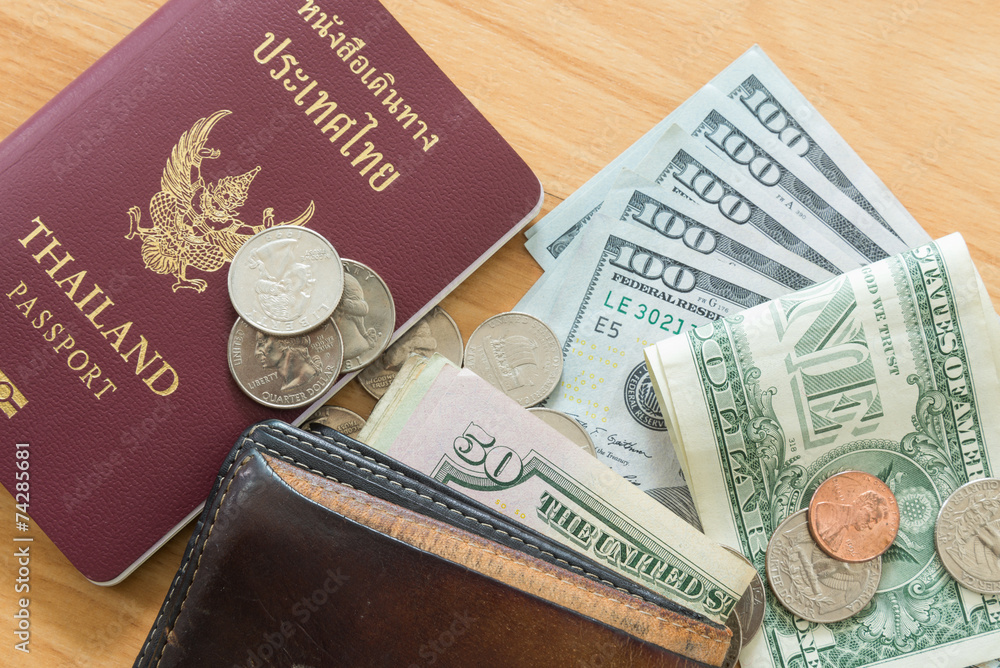dollar bills and coins wallet passport dollar bills and coins wallet passport