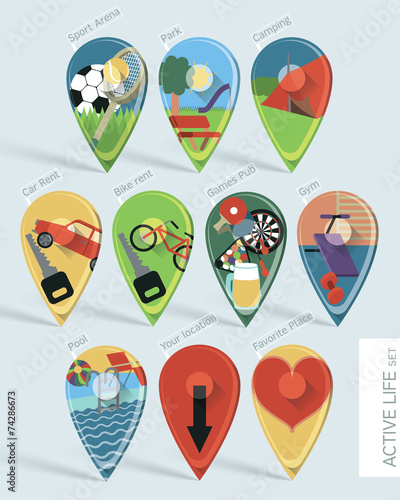 Active life map pins set