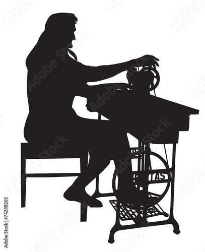 Grandmother silhouette with an old sewing machine