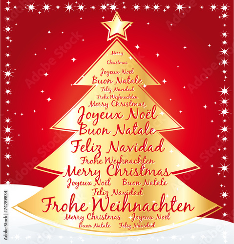 Gold christmas tree with best wishes in several languages.