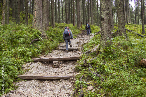 Fototapeta Naklejka Na Ścianę i Meble -  Backpacker women on mountain path - Tatra, Poland.