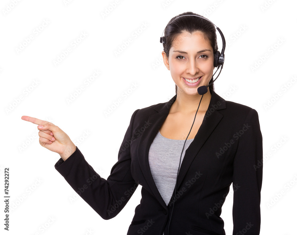 Customer service operator with finger point up Customer service operator with finger point up
