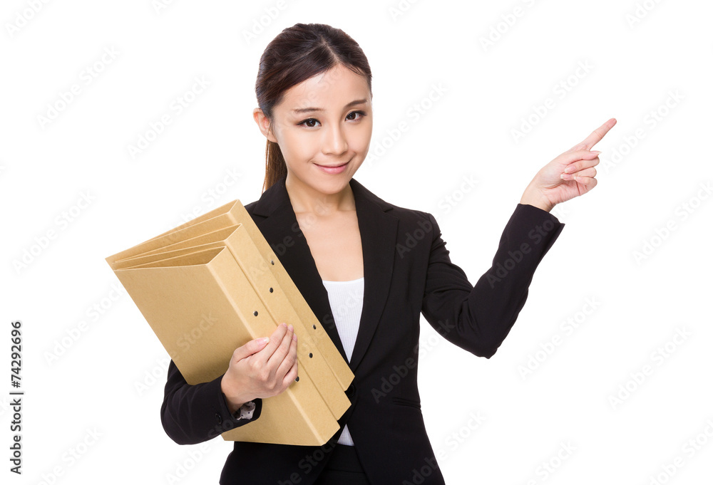 Businesswoman hold with folder and finger point up Businesswoman hold with folder and finger point up