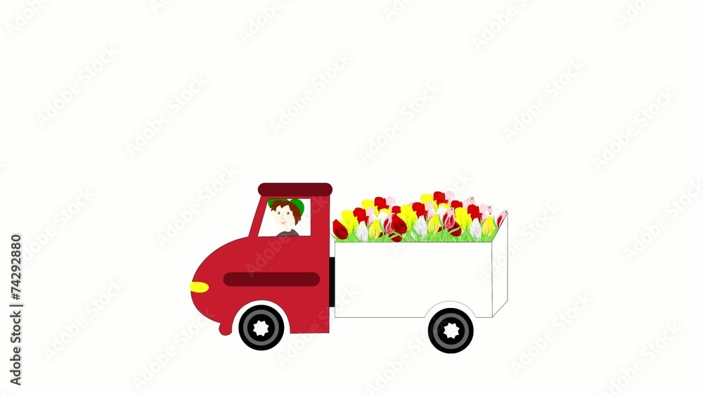 The truck rides and transporting flowers on a white background The truck rides and transporting flowers on a white background