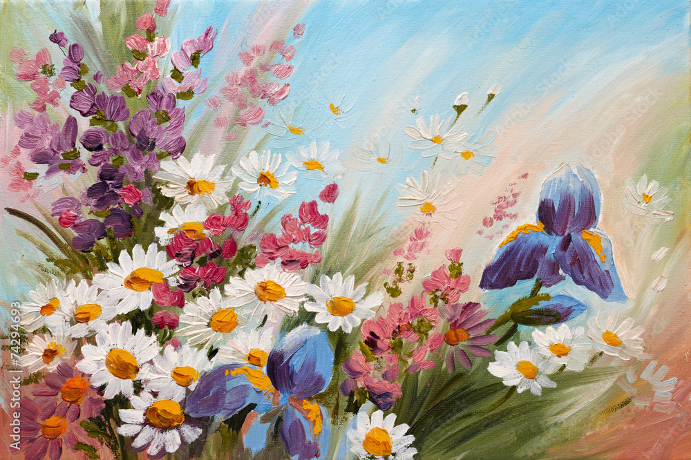 Oil Painting - abstract illustration of flowers, daisies, greens - obrazy, fototapety, plakaty 