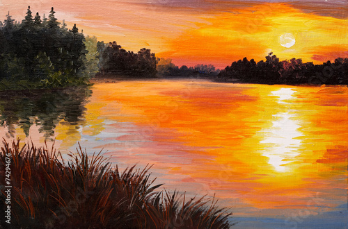 oil painting - lake in a forest, sunset. abstract painting, art