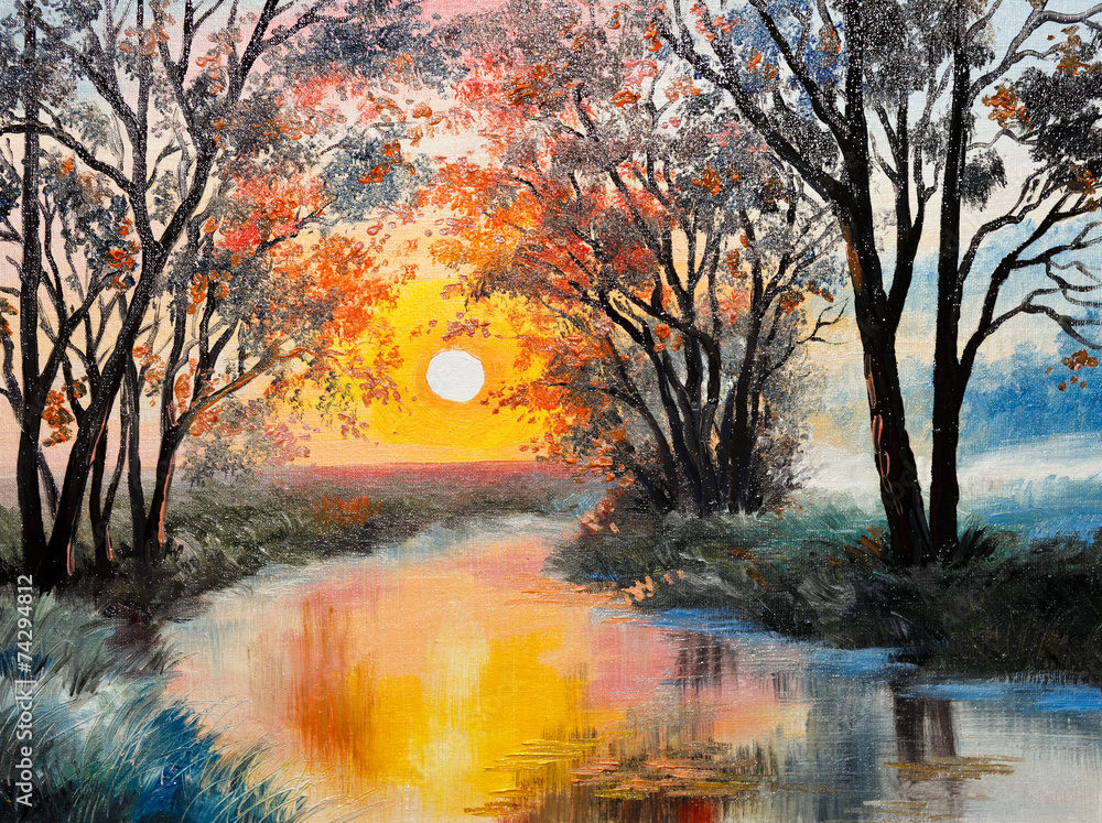 oil painting on canvas - the river - obrazy, fototapety, plakaty 