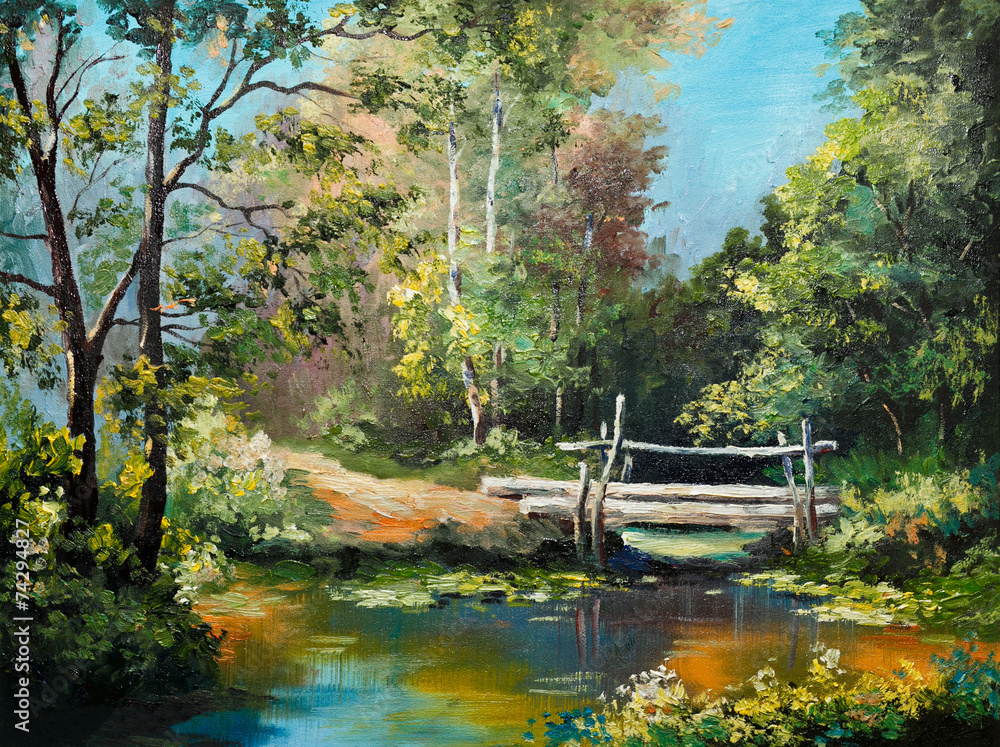 Fototapeta premium oil painting on canvas - bridge in the forest