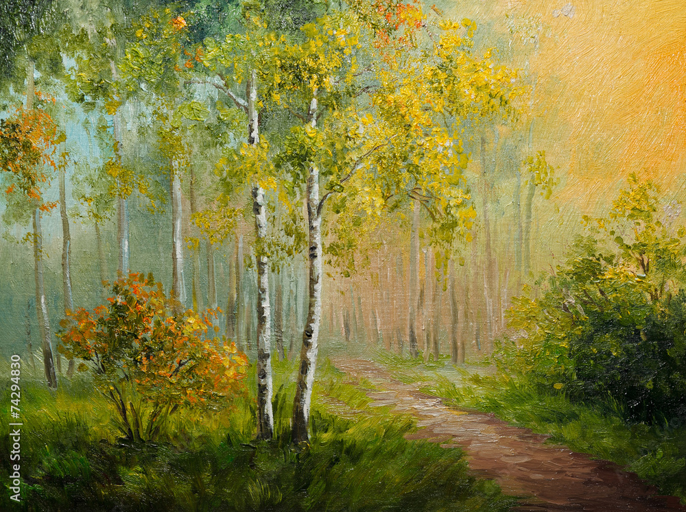 Obraz premium oil painting on canvas - birch forest, abstract drawing