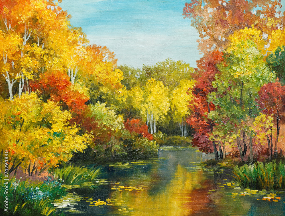 Obraz obraz olejny na płótnie - kolorowy jesienny las