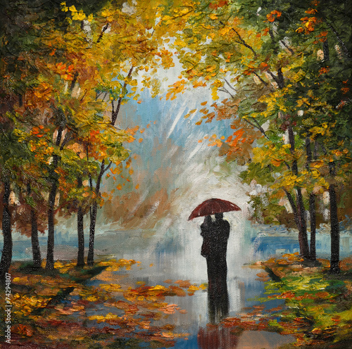 oil painting on canvas - couple in the forest