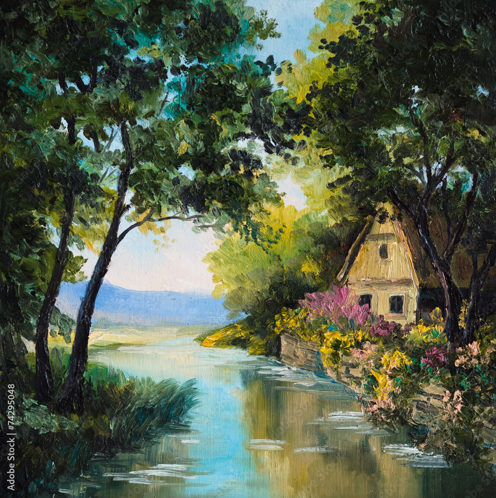 Obraz premium oil painting on canvas - house near the river