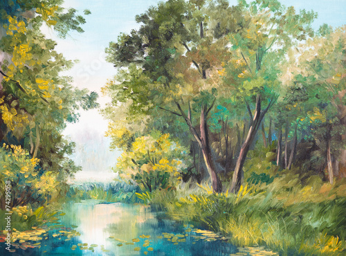 Oil Painting of forest landscape - pond in the forest