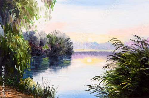 oil painting - sunrise on the lake, abstract drawing