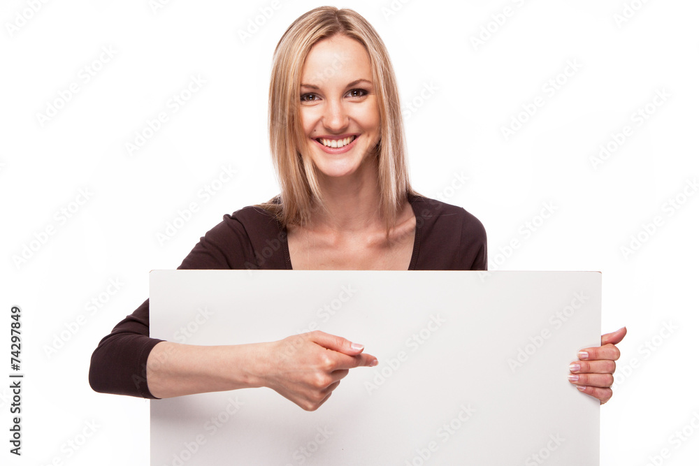 Smiling woman show big blank board Smiling woman show big blank board