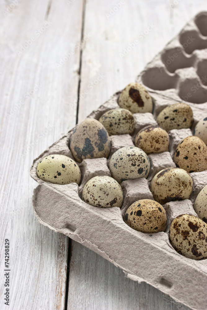 Quail eggs in the cardboard packing on the white table Quail eggs in the cardboard packing on the white table