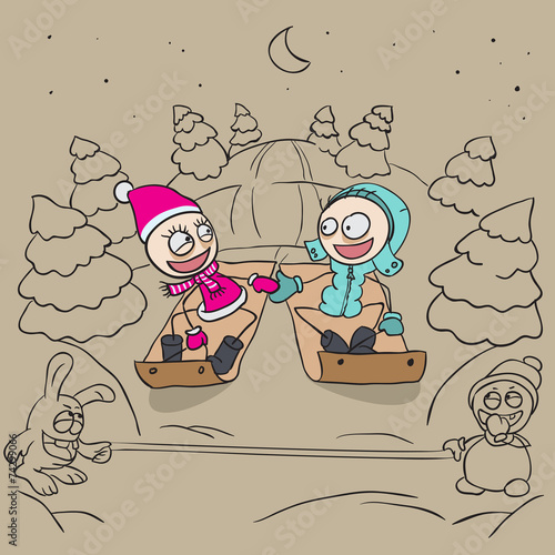 Lovers girl and boy on a sled