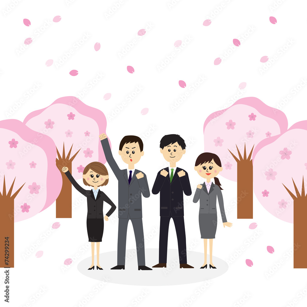 A group of newbie employees with cherry blossom trees A group of newbie employees with cherry blossom trees