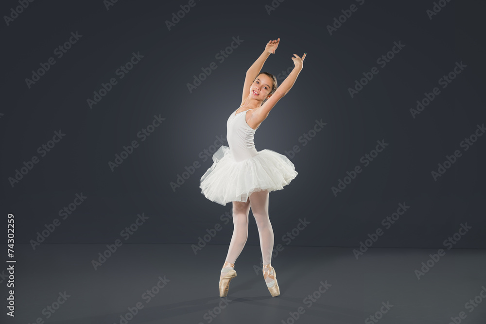 Beautiful female ballet dancer on a grey background. Beautiful female ballet dancer on a grey background.