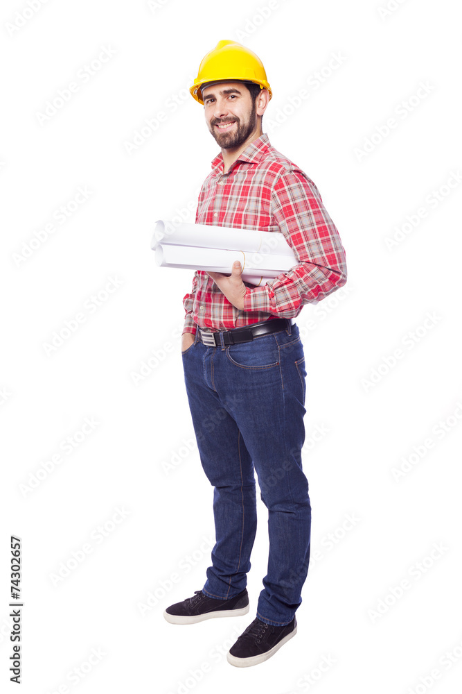 Full body portrait of young architect holding blueprints on whit Full body portrait of young architect holding blueprints on whit