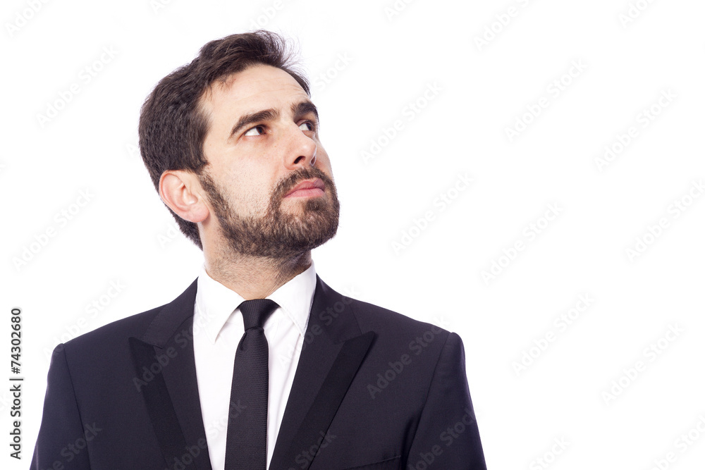 Thoughtful business man looking up, isolated on white background Thoughtful business man looking up, isolated on white background