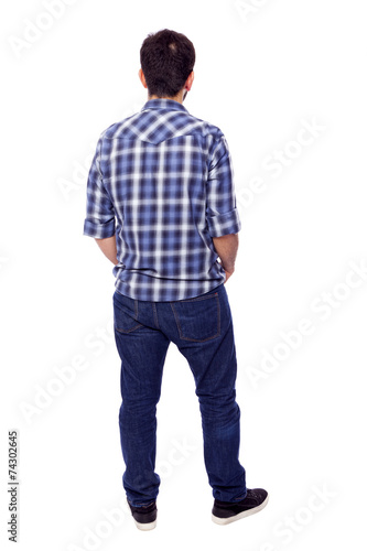 Back view of young casual man, isolated on white background