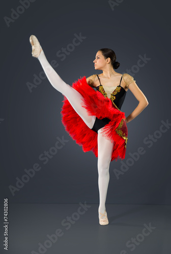 Beautiful female ballet dancer on a grey background.