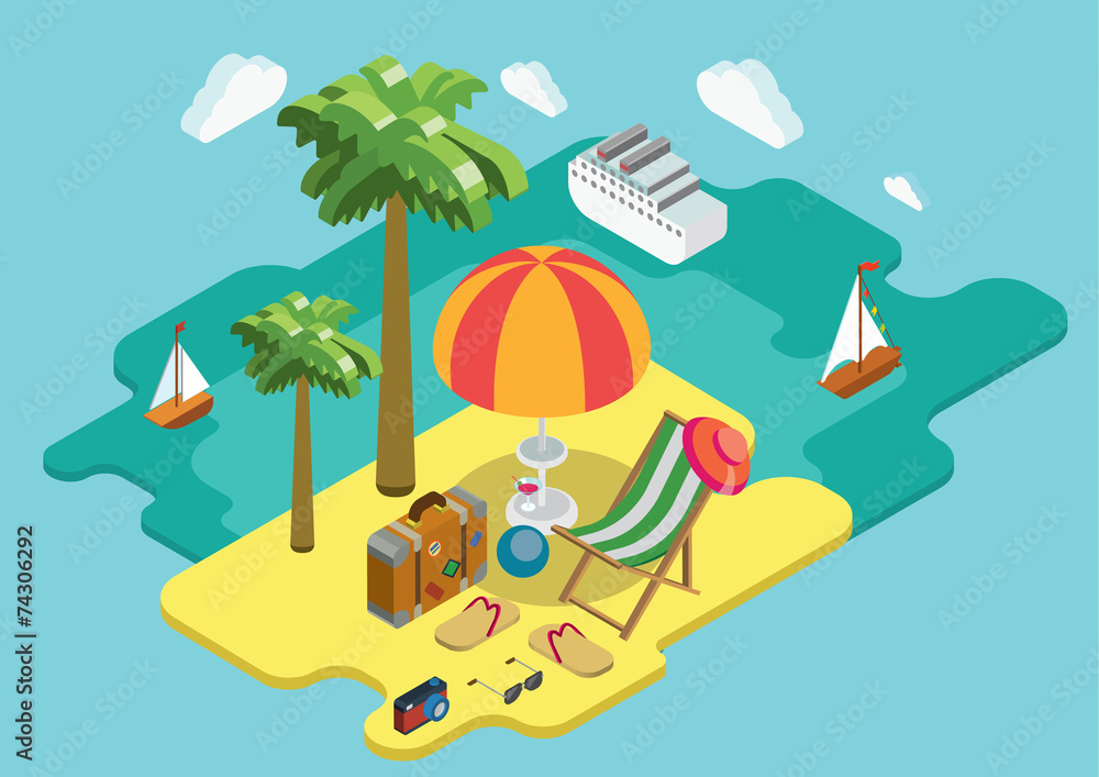 Fototapeta premium Beach sea ocean cruise summer vacation flat 3d isometric concept