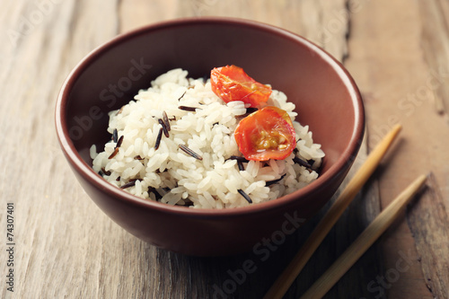 Tasty rice served on table, close-up
