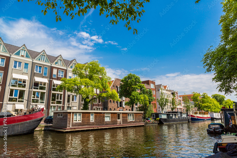 Amsterdam canals and  boats, Holland, Netherlands.