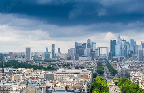 Business district of Paris. La Defense, aerial view on a cloudy
