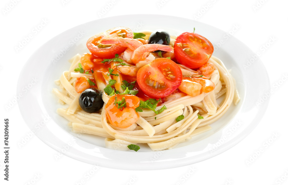 Tasty pasta with shrimps, black olives and tomatoes isolated Tasty pasta with shrimps, black olives and tomatoes isolated
