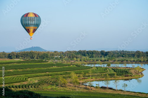 Hot air balloon flying over the green tea plantation field in countryside of Chiang Rai province, Thailand.