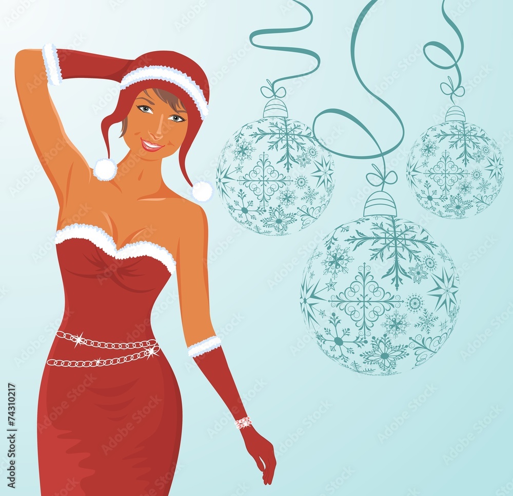 christmas background with sexy lady and balls