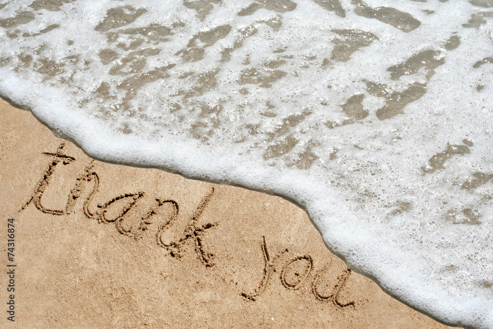 Fototapeta premium Conceptual thank you text in sand and water