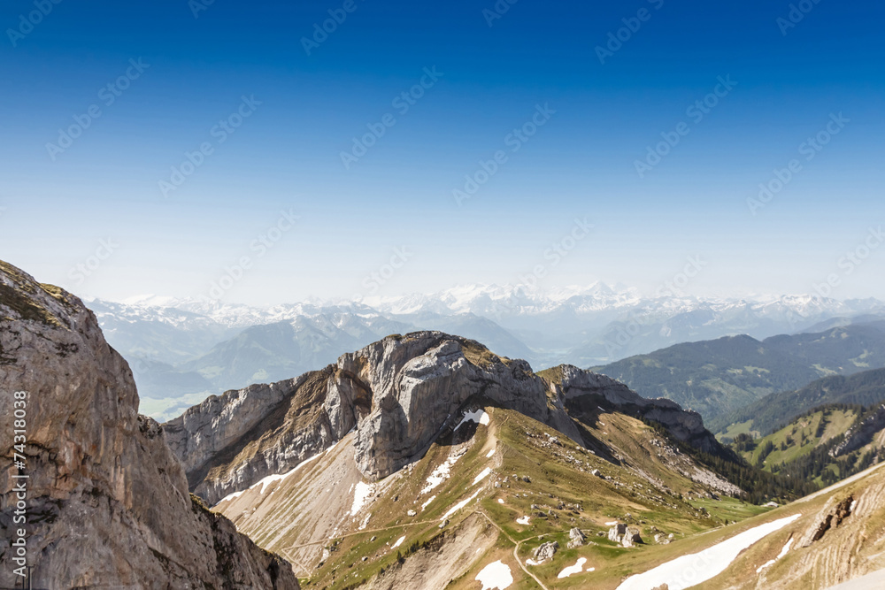 Mountain Range Landscape with Blue Sky from Pilatus Peak