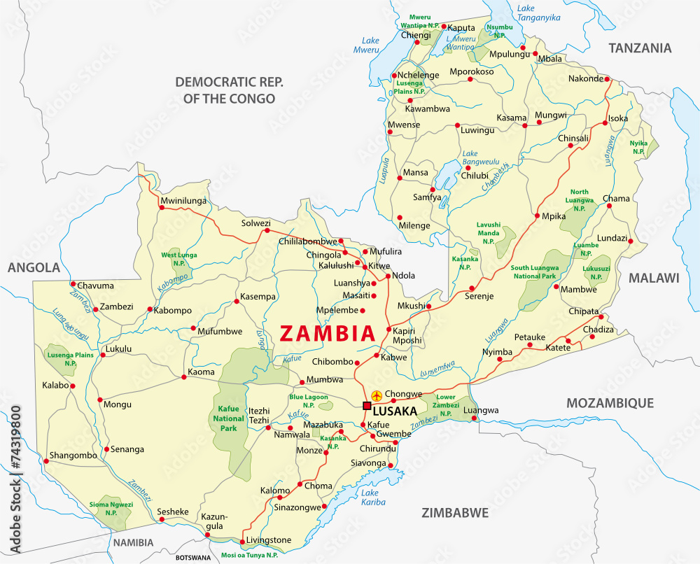 zambia road and national park map - obrazy, fototapety, plakaty 