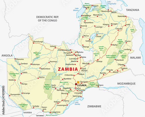 zambia road and national park map photo