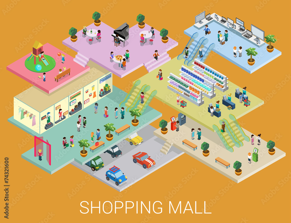 Flat 3d isometric shopping mall concept vector Flat 3d isometric shopping mall concept vector