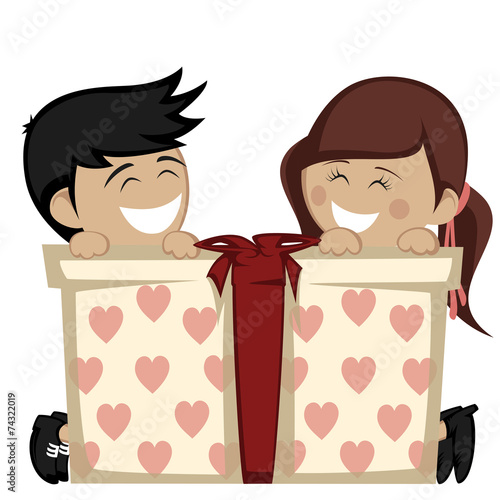 Big box surprise - girl and  boy smiling with a big gift box.