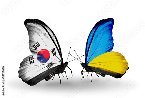 Two butterflies with flags South Korea and Ukraine