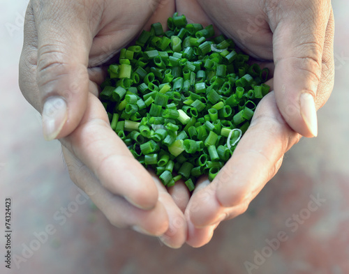 chopped green onions in hand