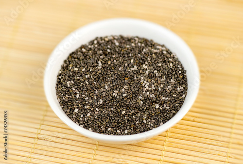 Aerial closeup of chia seeds in white bowl