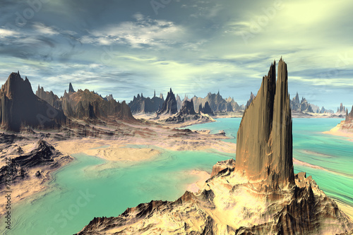 3D rendered fantasy alien planet. Rocks and lake