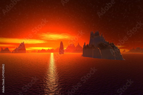 3D rendered fantasy alien planet. Sea and  sunset