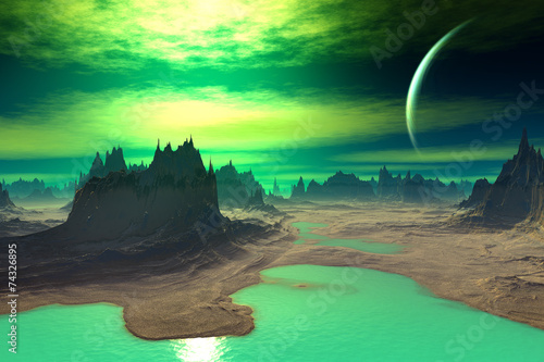 3D rendered fantasy alien planet. Rocks and sky photo